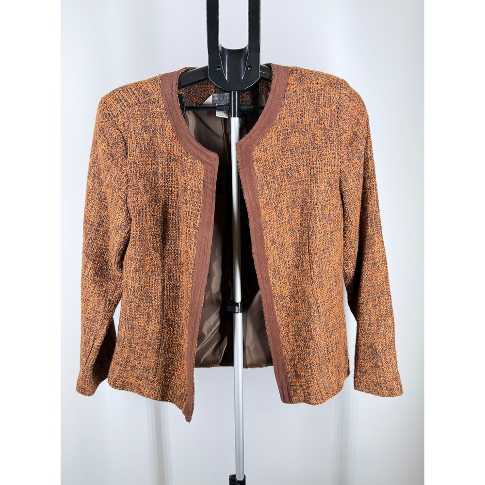 Christopher & Banks Womens Large Orange Brown Tweed‎ Open Front Blazer Jacket L